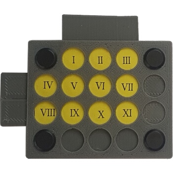 The "original" design of Rubik's XV. It has three intersecting plungers and 11 tiles.